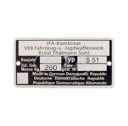 Plaque signalétique Simson S51 IFA Kombinat VEB Fajas - jusqu´a 1990
