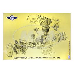 Explosionsdarstellung, Farbposter für Motor 425 - Einzylinder Viertakt 250ccm mit 12 PS - passend für AWO