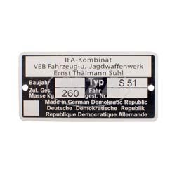 Plaque signalétique Simson Mokick S51 - IFA Kombinat VEB Fajas - jusqu´a 1990
