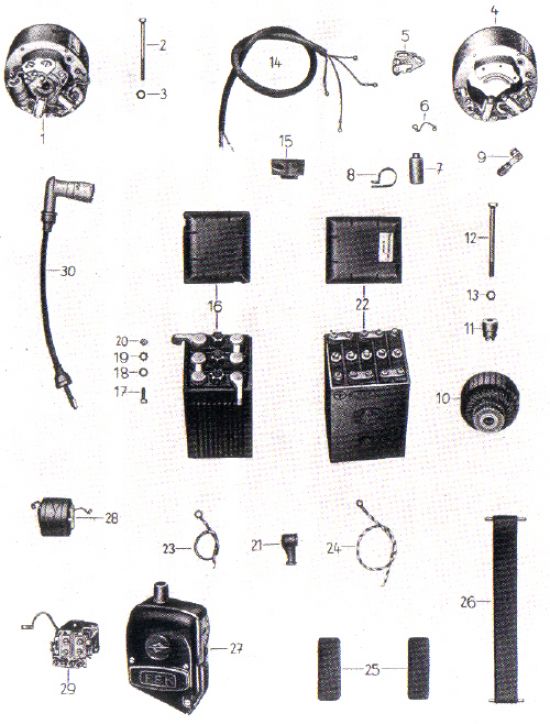 Lichtmaschine, Spulenkasten, Batterie, Zündkabel