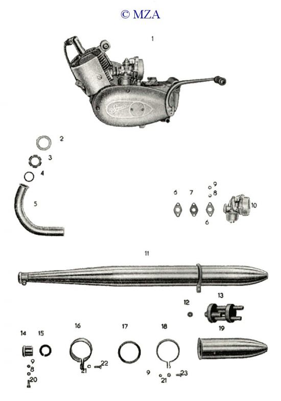 Motor vollst., Vergaser vollst., Schalldämpferanlage