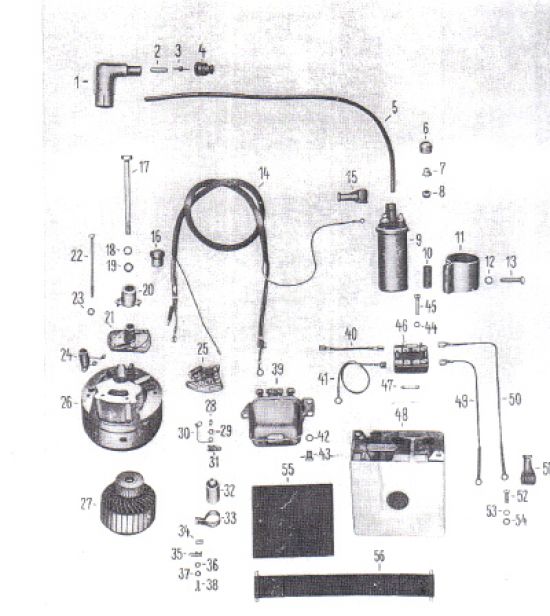 Alternator, battery, ignition coil, regulator