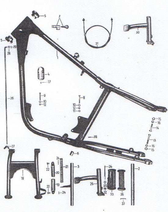 Frame, central stand, foot-brake