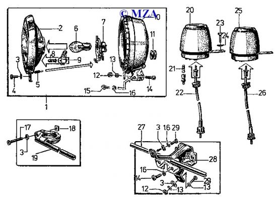 Scheinwerfer, Tachometer, Drehzahlmesser und Blinkleuchtenhalterungen S 51, S 70 und S 51/1, S 70/1