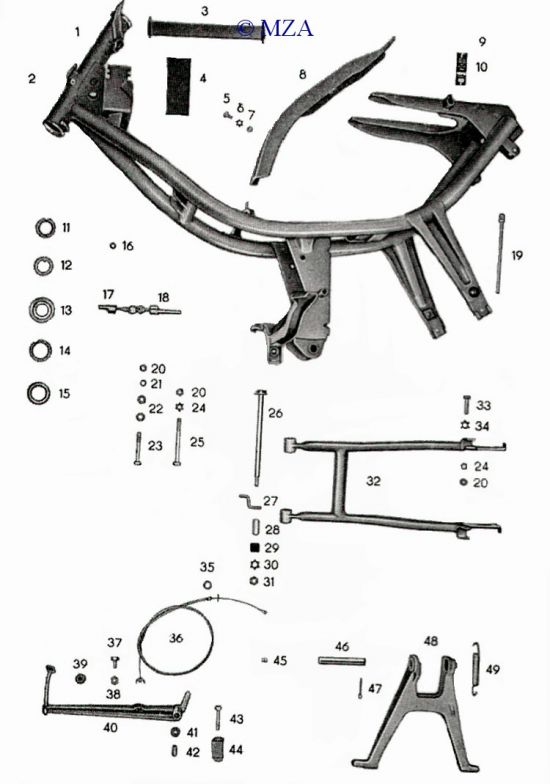 Frame steerings,rear swinging arm,center-stand,footbrake lever